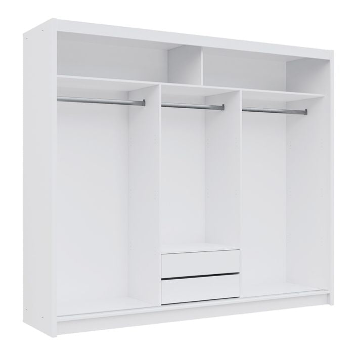 Internal view of a white 3-door sliding wardrobe with shelves and hanging rails