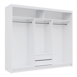 Internal view of a white 3-door sliding wardrobe with shelves and hanging rails