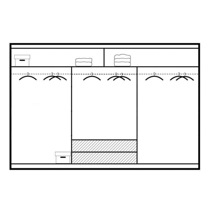 A black and white diagram of the Sliding Wardrobe - ROTHERHAM 3 Door Wardrobe White 250cm shows three main sections with hanging rods, top shelves holding folded items, and two boxes on the left—one on the top shelf and one below.