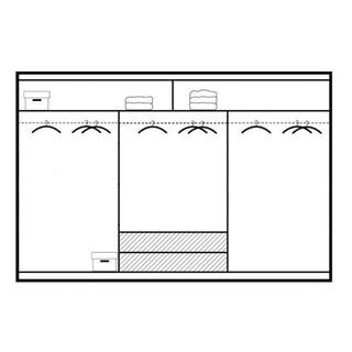 A black and white diagram of the Sliding Wardrobe - ROTHERHAM 3 Door Wardrobe White 250cm shows three main sections with hanging rods, top shelves holding folded items, and two boxes on the left—one on the top shelf and one below.
