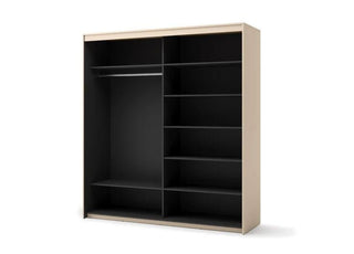 Beige and black 2-door sliding wardrobe interior with hanging rail and shelves