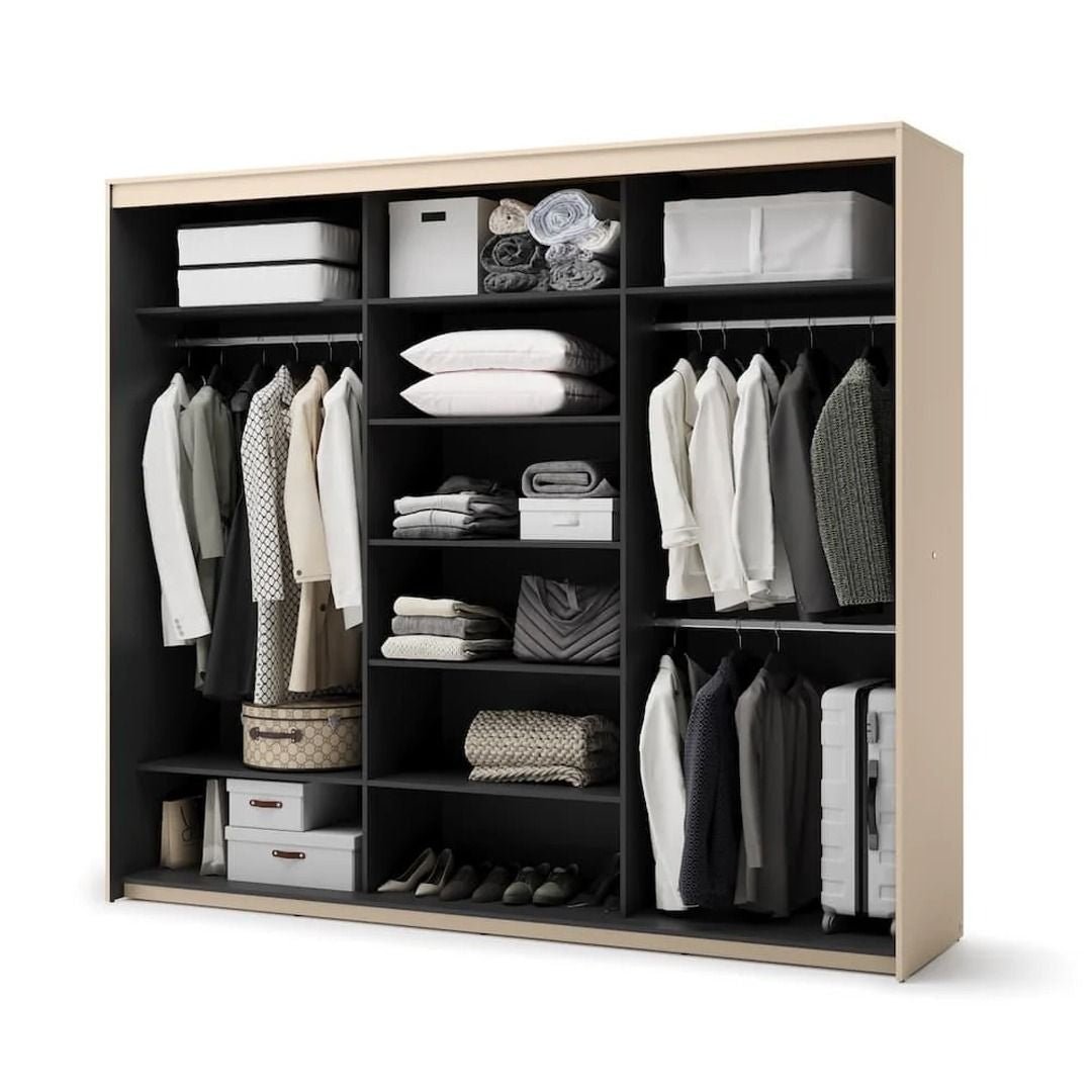 Open ALPHA SLIDING 3 DOOR WARDROBE beige and black showing internal shelves and hanging rails