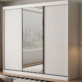 White VIENNA 3-door sliding wardrobe with one mirrored door and grooved panels