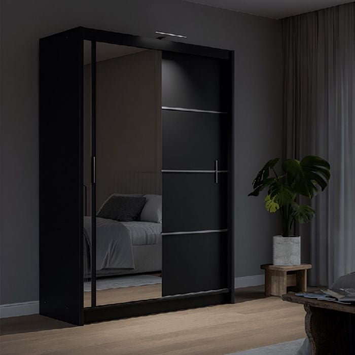 Black 2-door sliding wardrobe with a full-length mirrored door.
