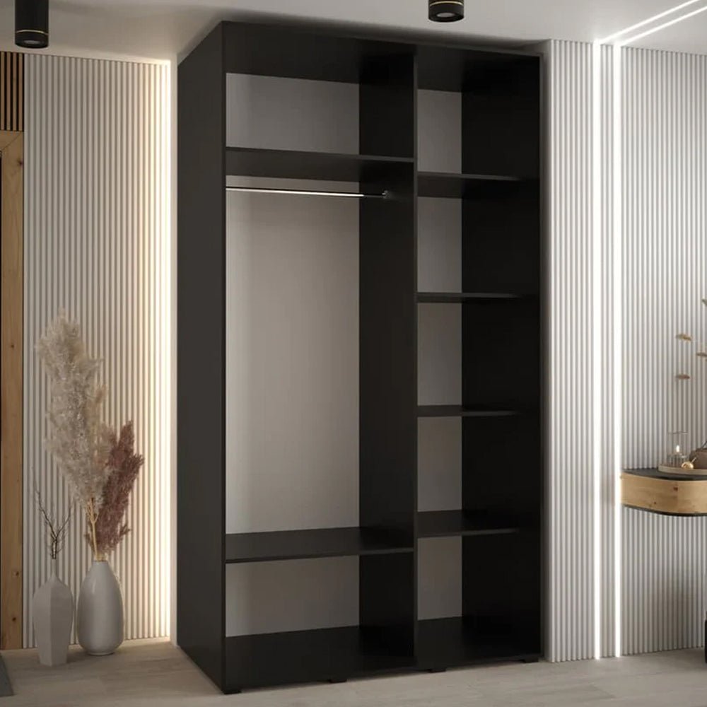 Black wooden wardrobe with 2 sliding doors, hanging rail, and shelves