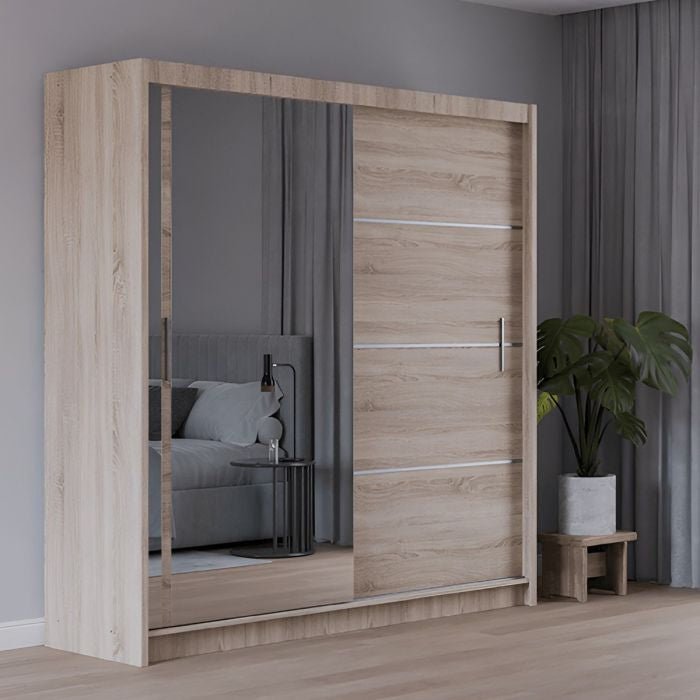 2 door sliding wardrobe with one mirrored door and one light wood effect door