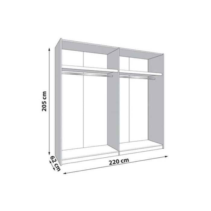Line drawing of GRANDE 2 door sliding wardrobe in cashmere and artisan oak effect, 220cm W x 205cm H x 62cm D