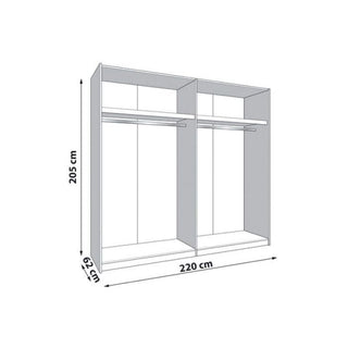 Line drawing of GRANDE 2 door sliding wardrobe in cashmere and artisan oak effect, 220cm W x 205cm H x 62cm D