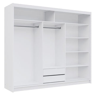 White 250cm 3-door sliding wardrobe interior with shelves, two drawers, and two hanging rails