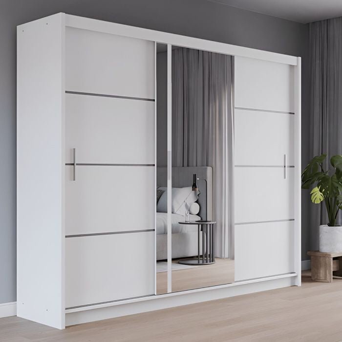 250cm white 3 door sliding wardrobe, mirrored centre door