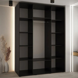 Large black wooden wardrobe with 3 sliding doors and visible shelving