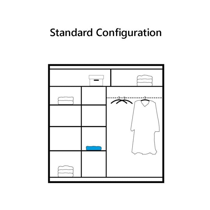 Wardrobe internal configuration diagram showing shelving, compartments, and a hanging rail.