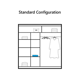 Wardrobe internal configuration diagram showing shelving, compartments, and a hanging rail.