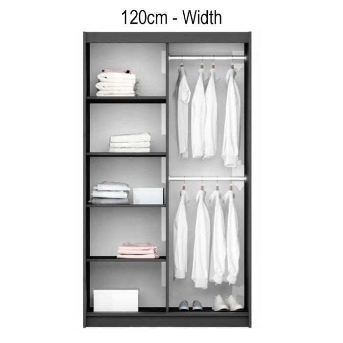 BORIS 2 Door Sliding Wardrobe, White. Internal view showing shelves and hanging rails for storage.