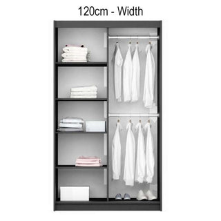 BORIS 2 Door Sliding Wardrobe, White. Internal view showing shelves and hanging rails for storage.