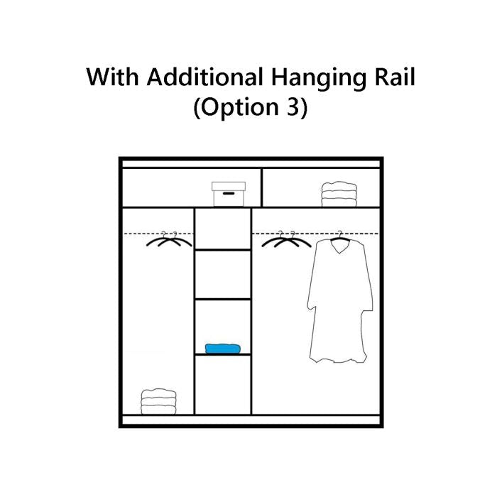 Diagram of the HAMPSTEAD 2 Door Mirrored Wardrobe White 203cm: customizable with center shelves, folded clothes, two hanging rails on each side, and hanging clothes. Text above reads “With Additional Hanging Rail (Option 3).”.