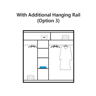 Diagram of the HAMPSTEAD 2 Door Mirrored Wardrobe White 203cm: customizable with center shelves, folded clothes, two hanging rails on each side, and hanging clothes. Text above reads “With Additional Hanging Rail (Option 3).”.