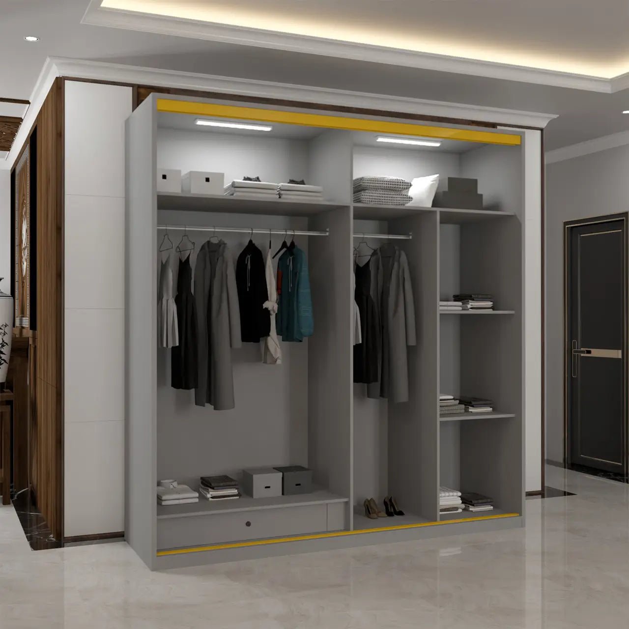 Aurelia 200cm 2-Door Glass-Fronted LED Sliding Wardrobe – Grey & Gold – product image 4
