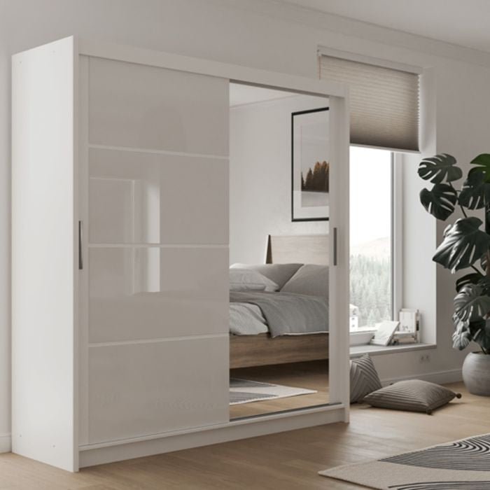 HIGHLAND 2 Door Sliding Mirrored Wardrobe in White 203cm