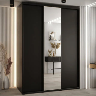 Black 3-door sliding wardrobe with one mirrored door
