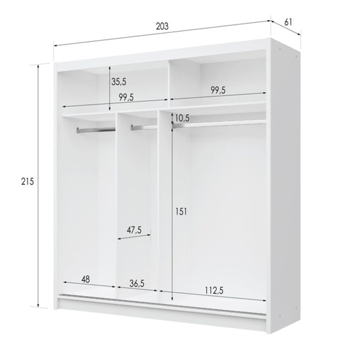 The Sliding Wardrobe - HIGHLAND 2 Door Mirrored Wardrobe White 203cm features open compartments, two hanging rods, and labeled dimensions (215x203x61cm). Compartment sizes are marked with black lines and numbers for easy organization.