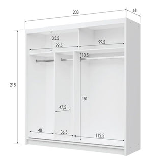 The Sliding Wardrobe - HIGHLAND 2 Door Mirrored Wardrobe White 203cm features open compartments, two hanging rods, and labeled dimensions (215x203x61cm). Compartment sizes are marked with black lines and numbers for easy organization.