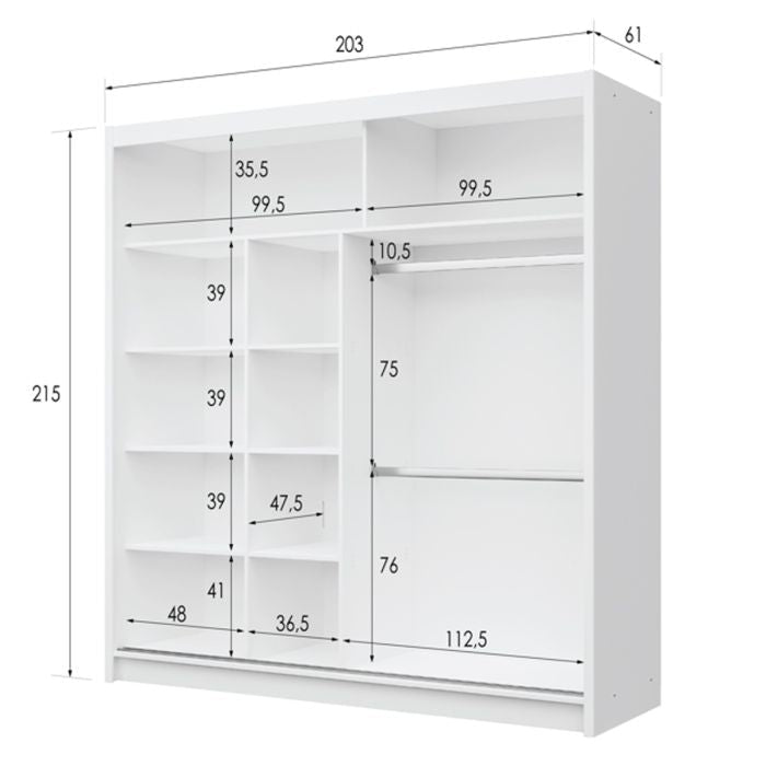 White sliding wardrobe with mirrored door, 2 doors, 203cm wide, 215cm high, 61cm deep.