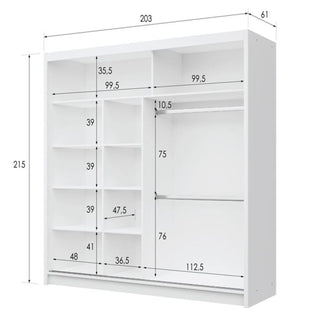 White sliding wardrobe with mirrored door, 2 doors, 203cm wide, 215cm high, 61cm deep.