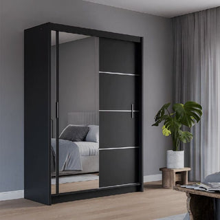 BROADLAND 2 door black sliding wardrobe with one mirrored door.
