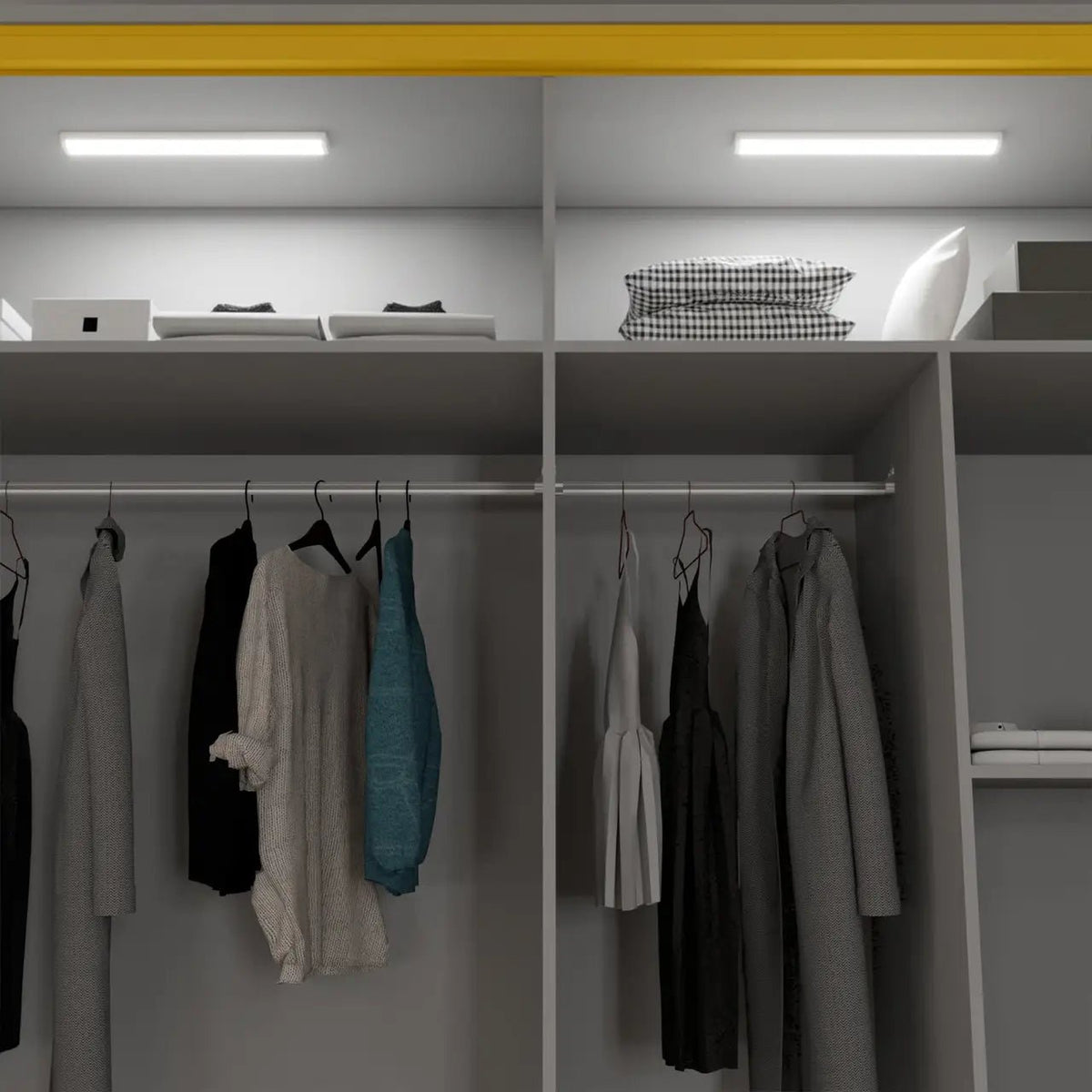 Modern white sliding wardrobe with internal shelves and LED lights.