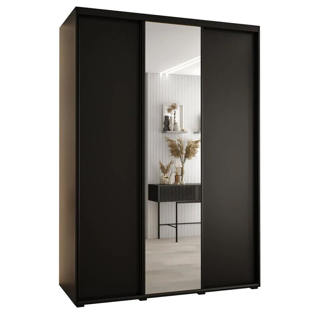 Black wooden wardrobe with 3 sliding doors, one mirrored panel