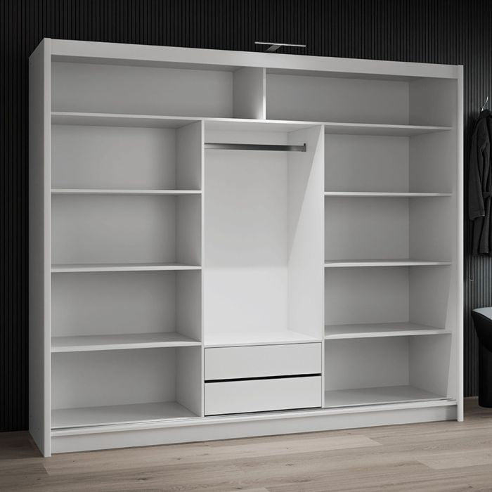Open white 3-door sliding wardrobe with shelves and two drawers