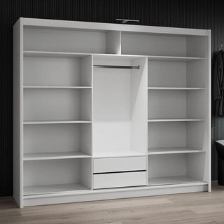 Open white 3-door sliding wardrobe with shelves and two drawers
