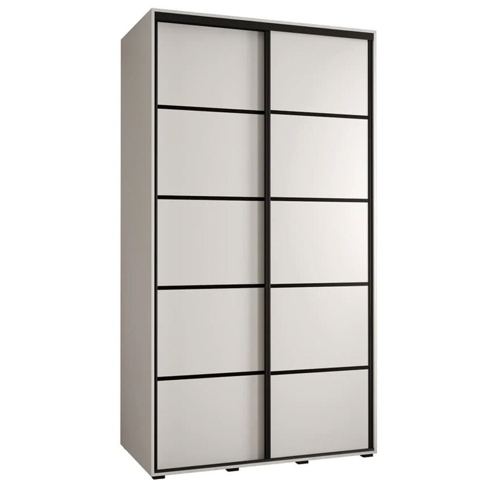 Two-door white sliding wardrobe with black frame and grid design