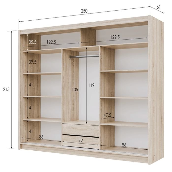 Sliding wardrobe Oak Sonoma 250cm width with mirrored door and internal shelves, dimensions 250x215x61cm