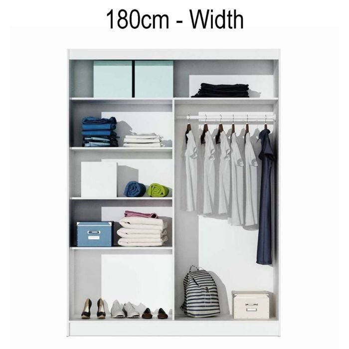 180cm white 2-door wardrobe interior with shelves and hanging clothes