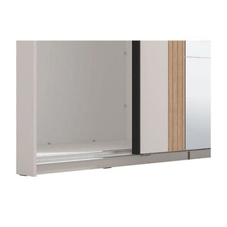 GRANDE 2 door sliding wardrobe in cashmere, artisan oak effect, and mirrored panel detail