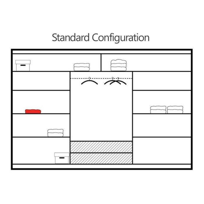 Line drawing showing standard interior layout of a sliding wardrobe with hanging rail, shelves, and drawer section.