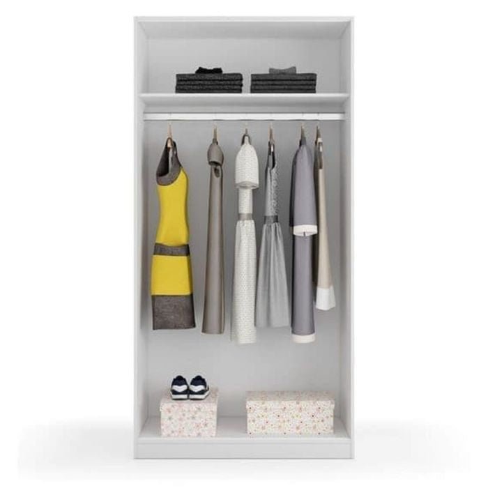 White 2-door sliding wardrobe with hanging clothes and shelf storage