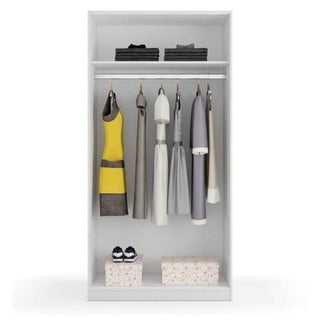 White 2-door sliding wardrobe with hanging clothes and shelf storage