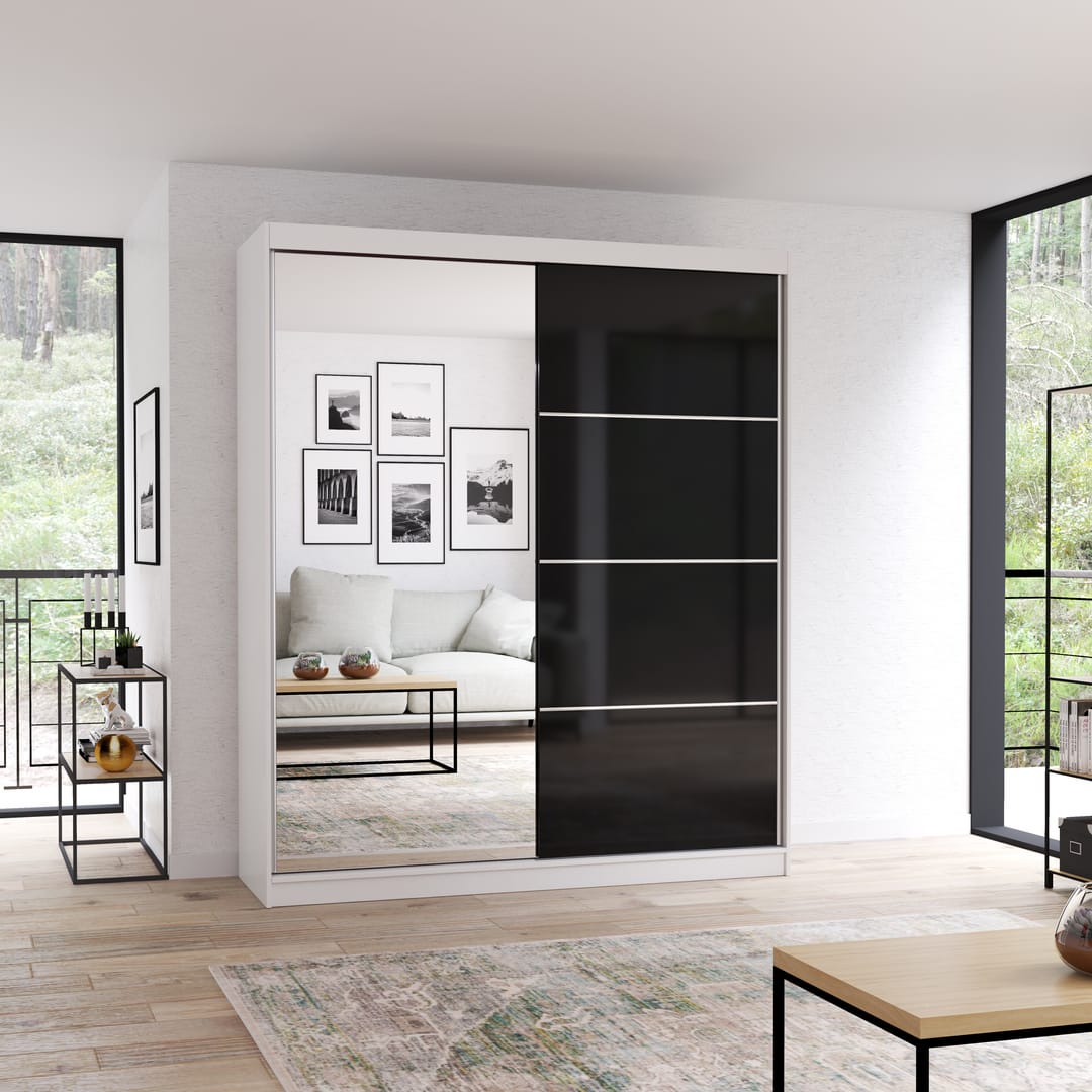 183cm CHOICEWARDROBE Mesa sliding wardrobe in white with one black mirrored door.