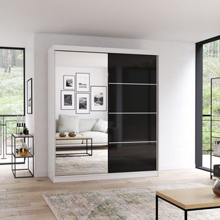 183cm CHOICEWARDROBE Mesa sliding wardrobe in white with one black mirrored door.