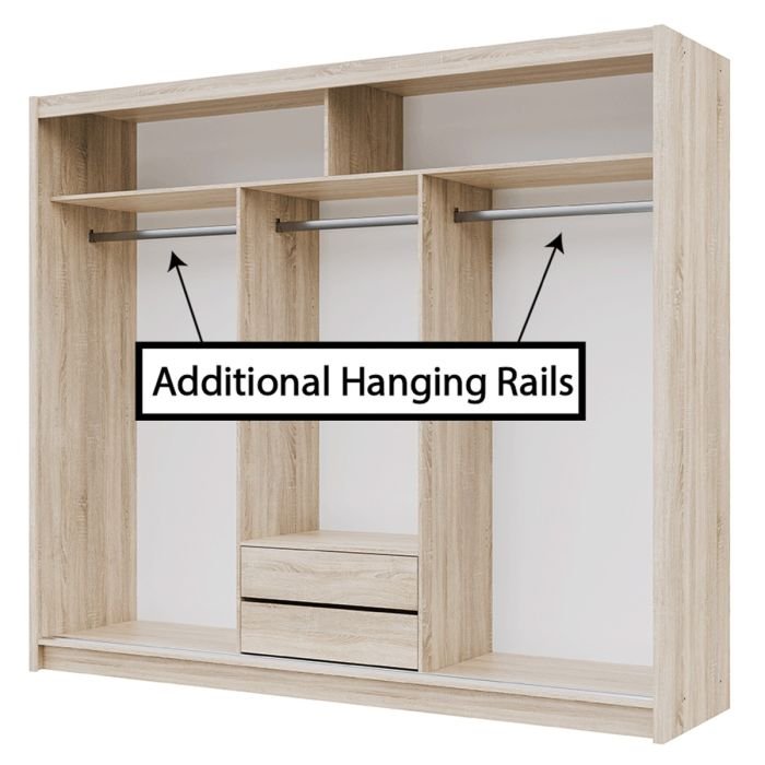 MAIDSTONE 250cm sliding wardrobe internal view with three hanging rails and a two-drawer unit.