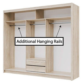 MAIDSTONE 250cm sliding wardrobe internal view with three hanging rails and a two-drawer unit.
