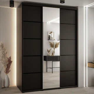 Black wardrobe with 3 sliding doors, central mirrored panels
