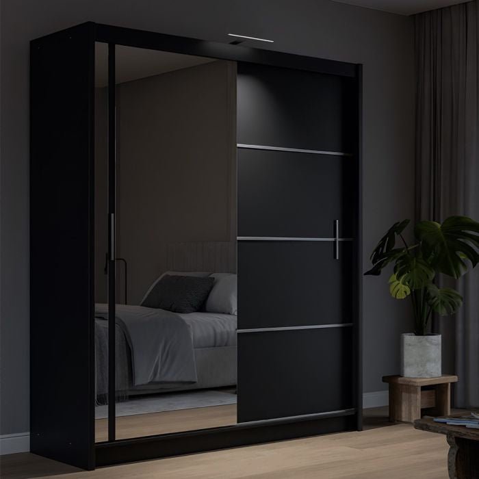 Black 2-door sliding wardrobe with mirrored door
