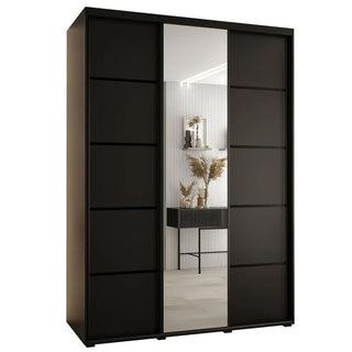 Black wooden wardrobe with 3 sliding doors, middle door mirrored