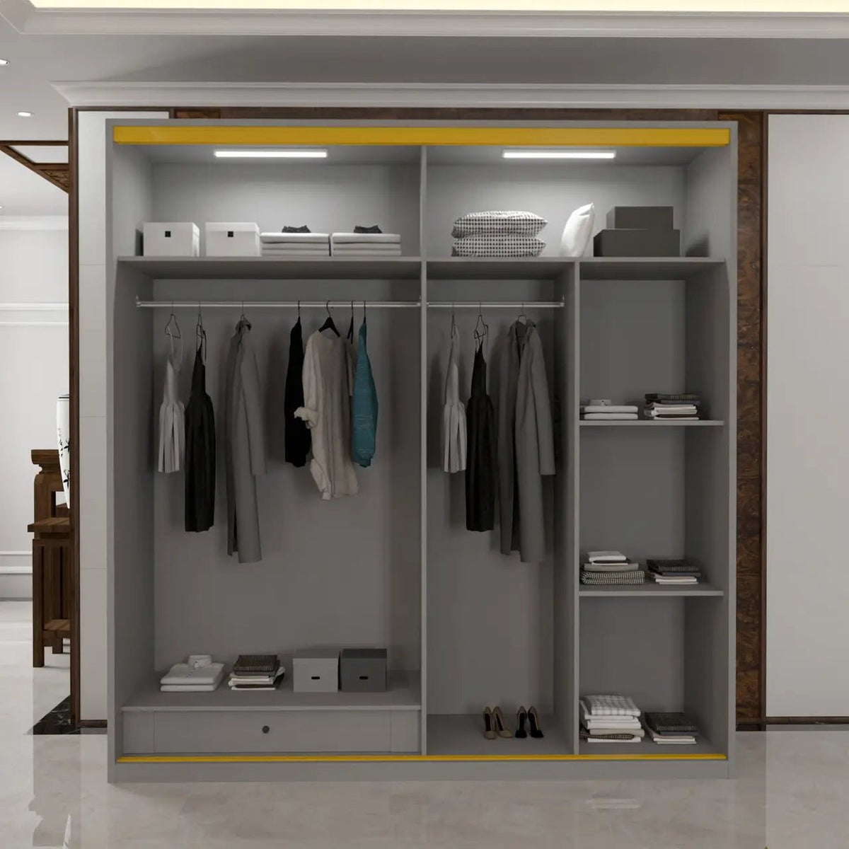 Aurelia 200cm 2-Door Glass-Fronted LED Sliding Wardrobe – Grey & Gold – product image 5