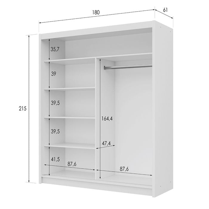 White 2-door sliding wardrobe with mirrored door, internal dimensions 180x61x215cm, featuring shelves and hanging rail.