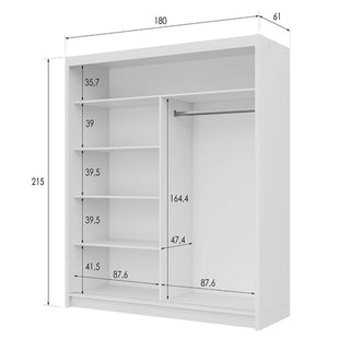 White 2-door sliding wardrobe with mirrored door, internal dimensions 180x61x215cm, featuring shelves and hanging rail.